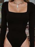 Bodysuit Long Sleeve Women Body Streetwear Dropshipping Forefair Sexy Bodycon Square Neck Sheath Crotch Basic Black Overalls Top